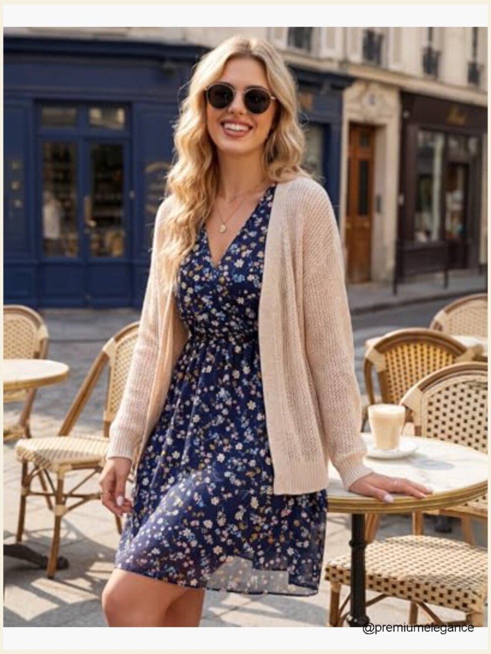 Midi Swing Dress with 3/4 Ruffle Sleeves, V-Neck, Elastic Waist, Flowy Chiffon - Picture 2 of 7